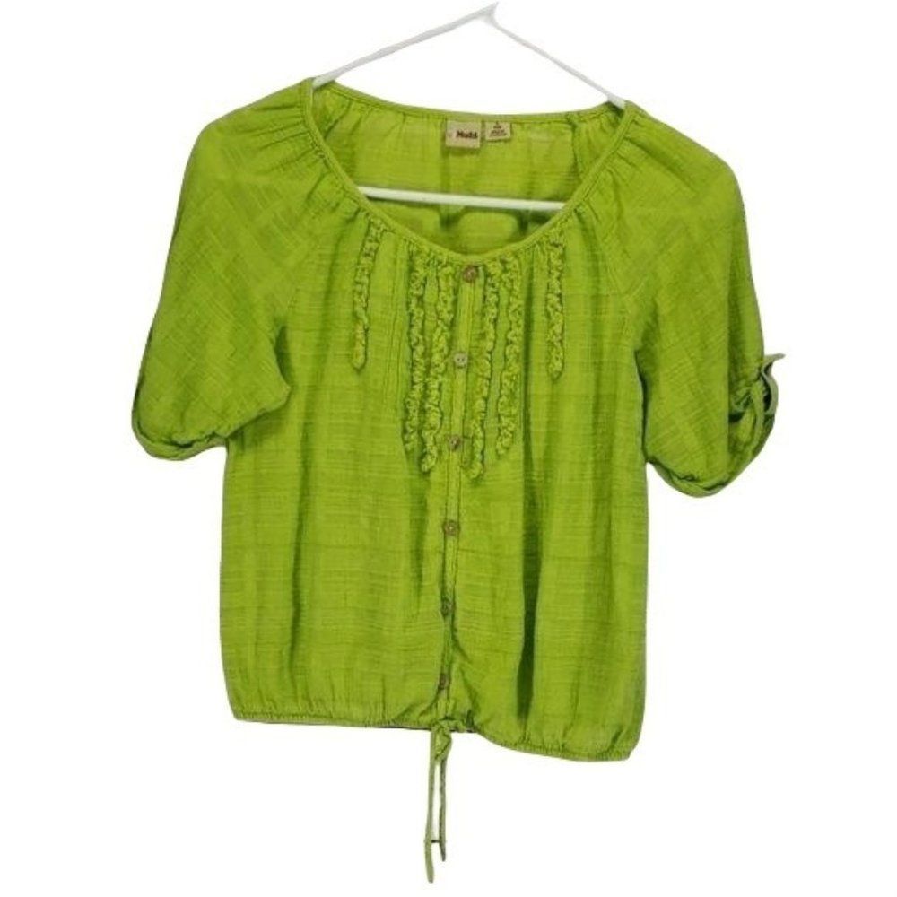 Mudd Girls Lime Green Peasant Short Sleeve Tie Front Shirt Size Large 14